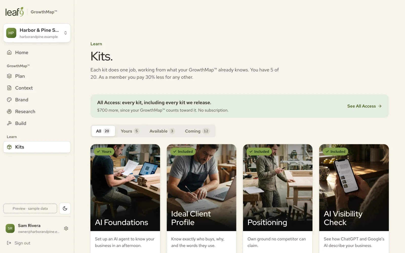 The kits screen: your kits, the three included with the GrowthMap™, and the rest at the member price.