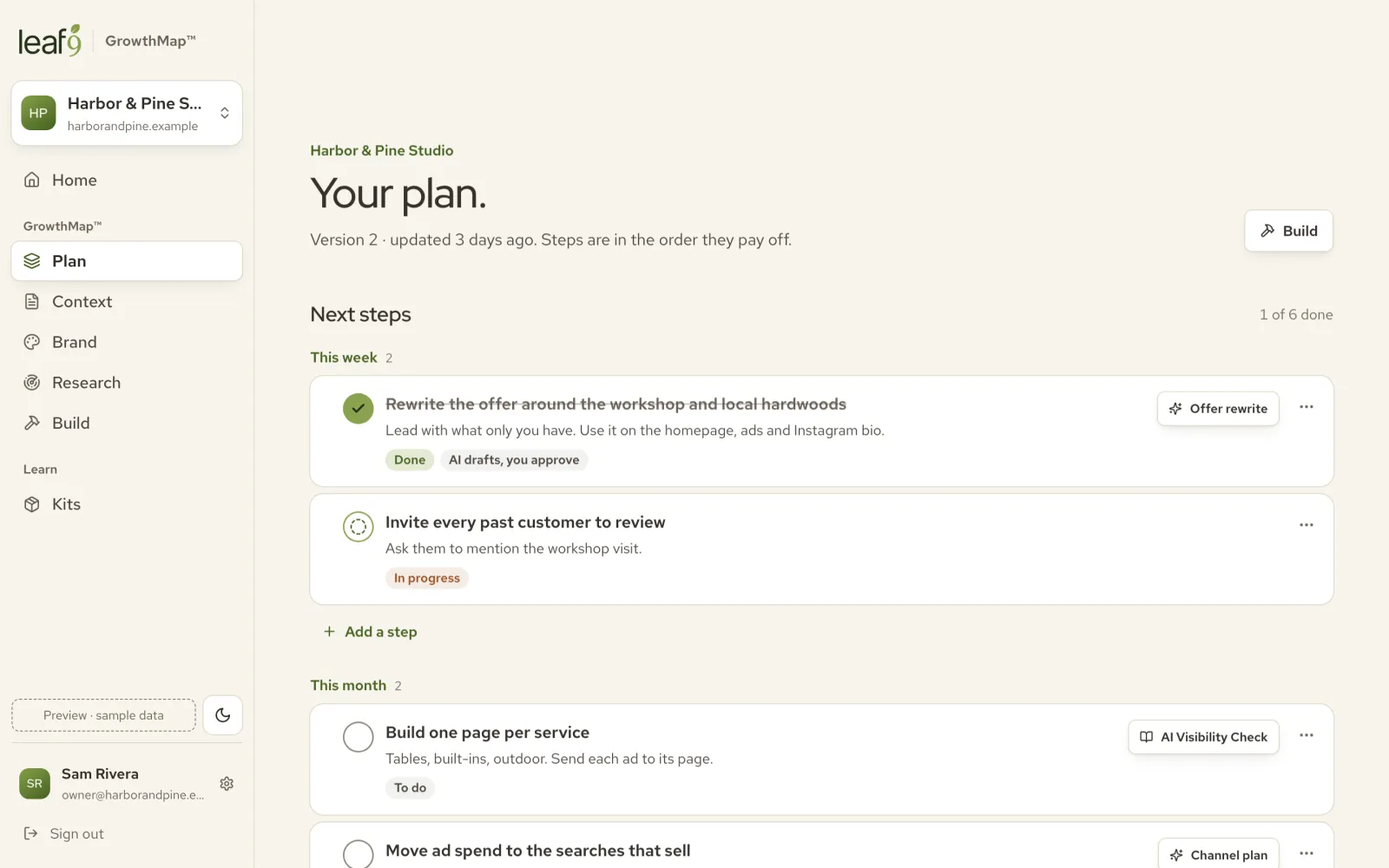 The GrowthMap™ app showing a sample business’s plan: next steps grouped by this week and this month, each linked to the kit that does it.