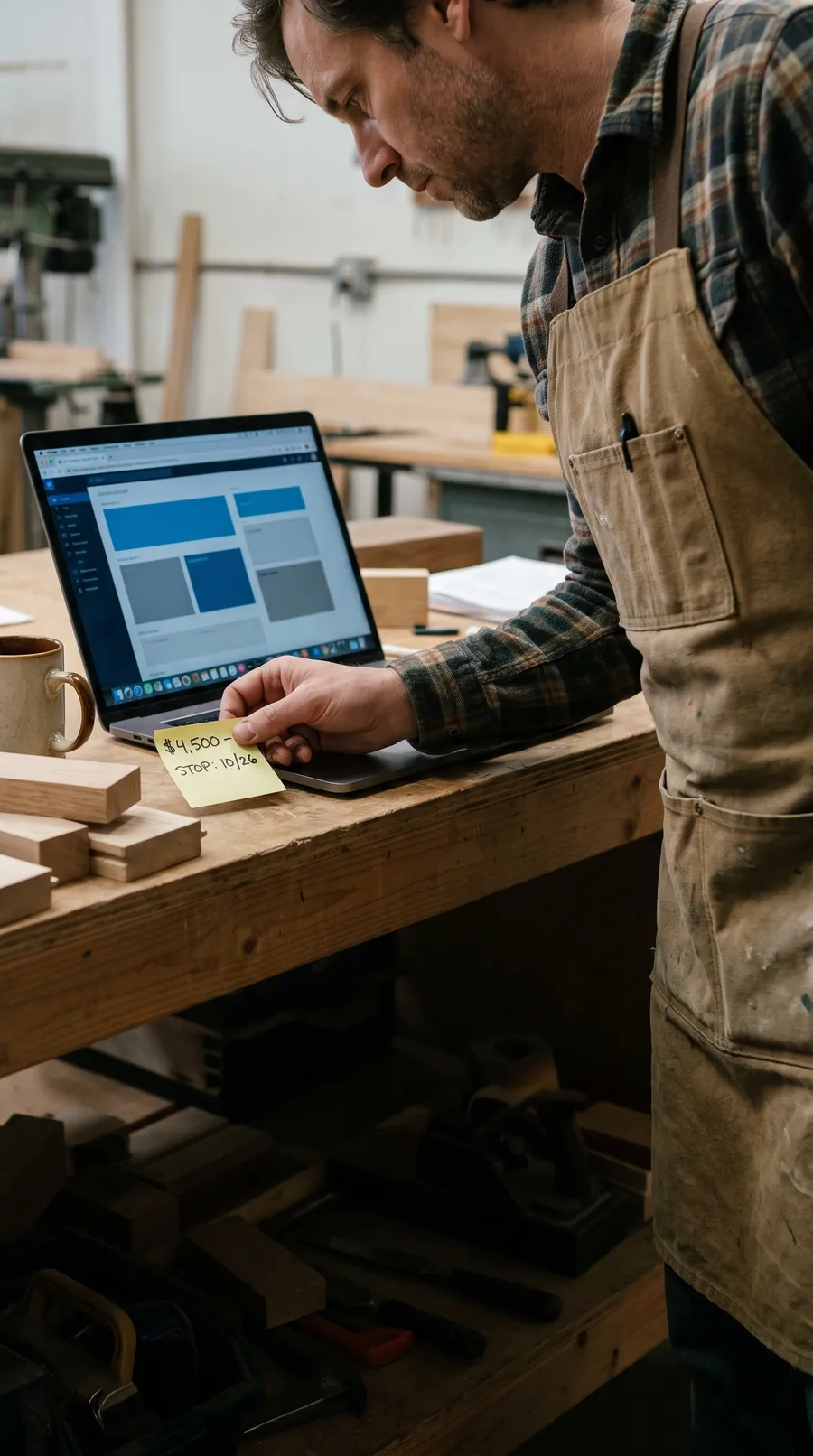 Late afternoon at a workshop office desk: an owner in a canvas apron writes a dollar figure and a stop date on a sticky note and presses it to the edge of a laptop screen, wood offcuts and a coffee mug nearby.