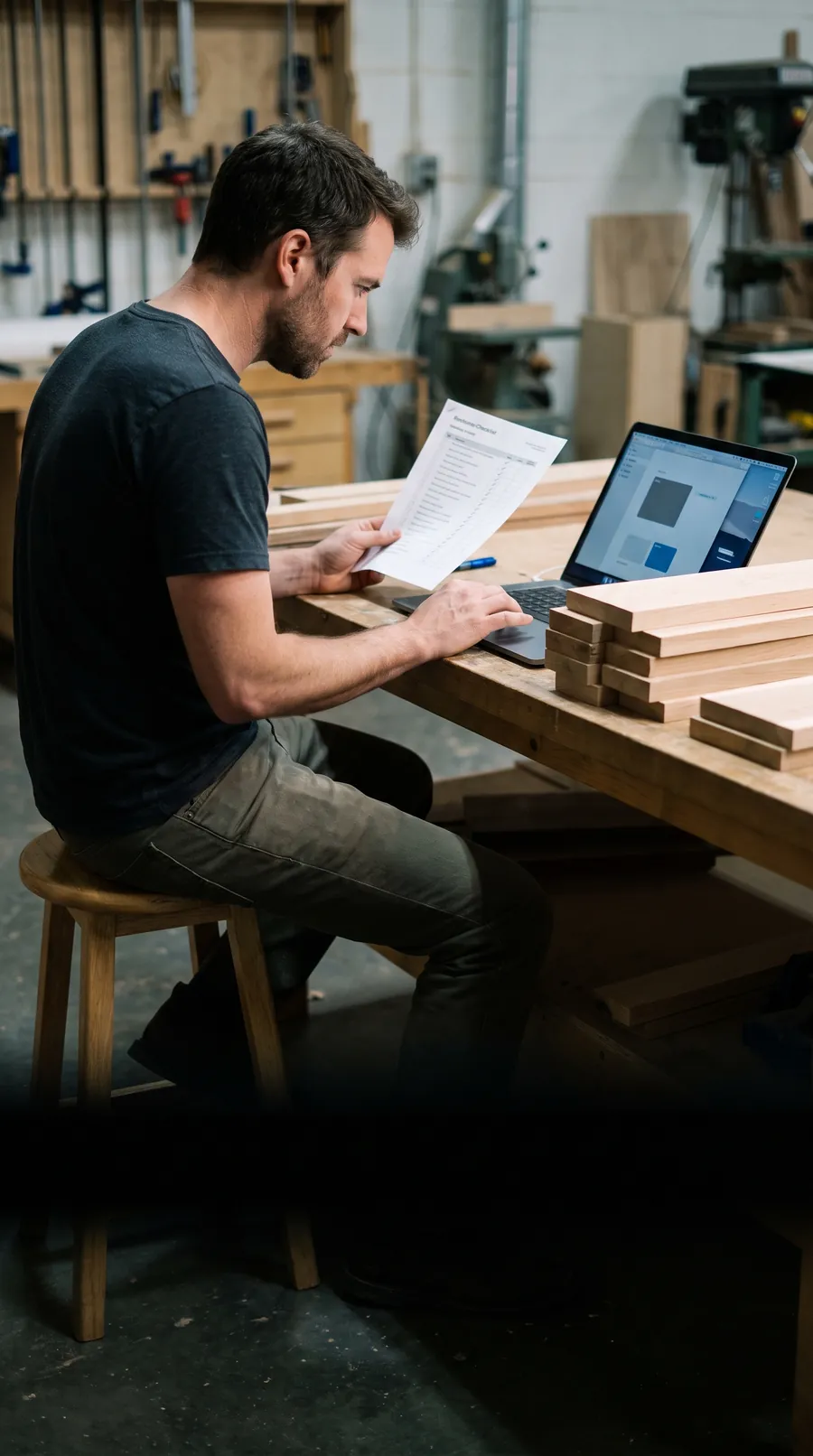 An owner sets up an AI agent on a laptop at a workbench.