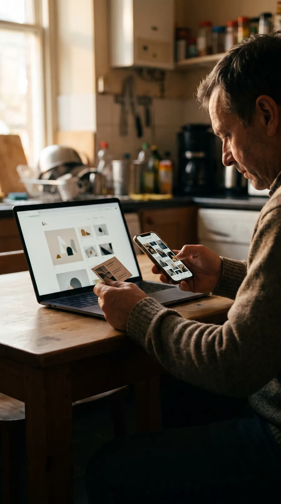 A shop owner sits at a kitchen table in warm evening light comparing a printed business card and a phone showing their Instagram grid against a laptop with their website open.