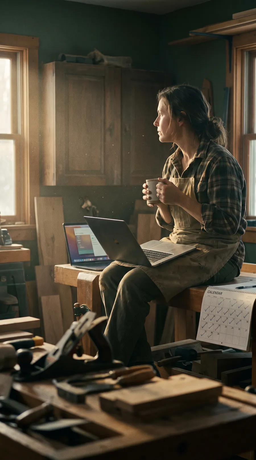 Early morning in a small woodworking shop: the owner sits on a workbench with coffee and a laptop, a printed month calendar beside her with a few squares checked off, sawdust in the window light behind.