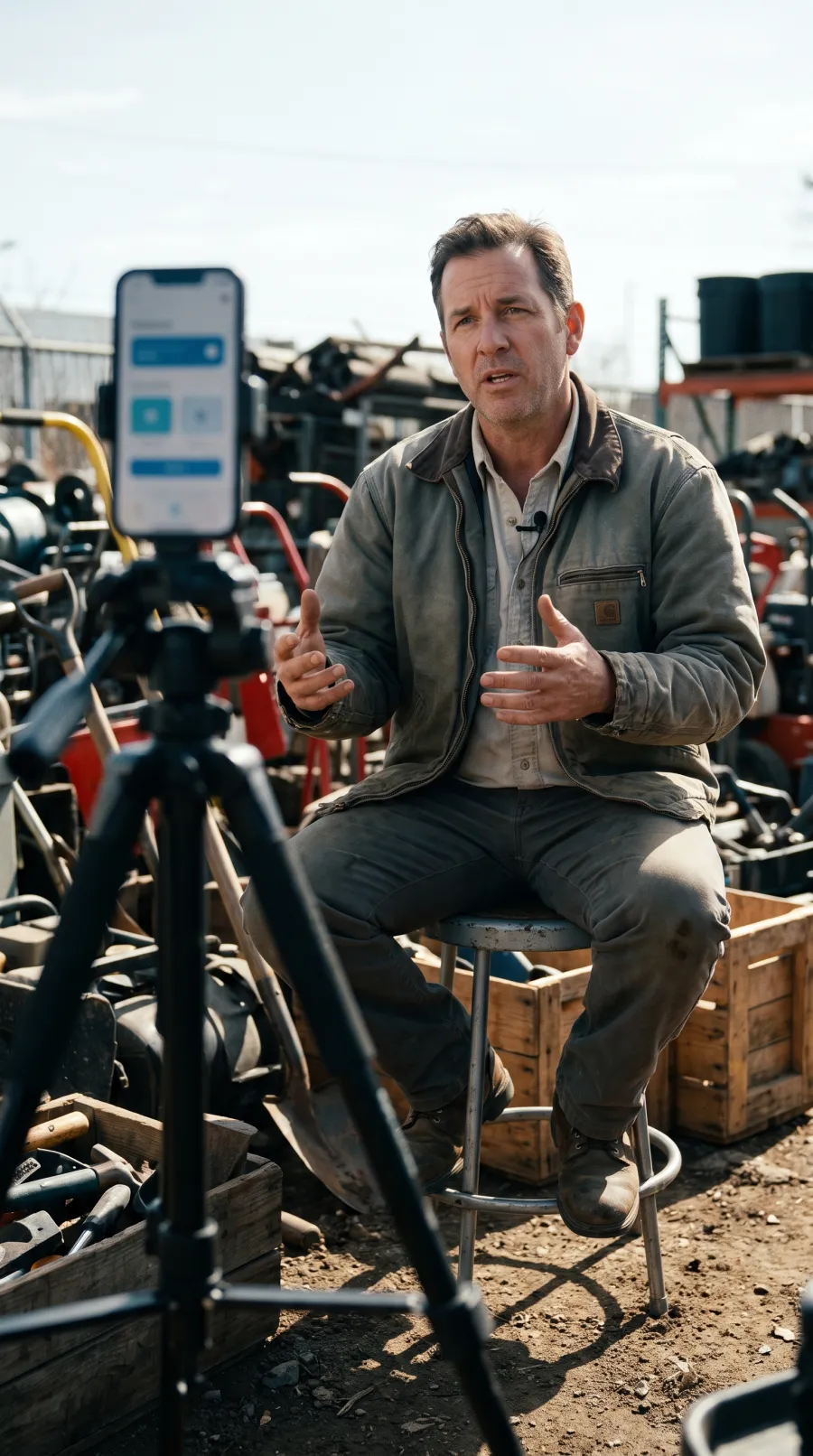 An equipment yard on a bright day: the owner sits on a stool in a work jacket, talking to a phone on a tripod mid-sentence, tools and machinery behind him.