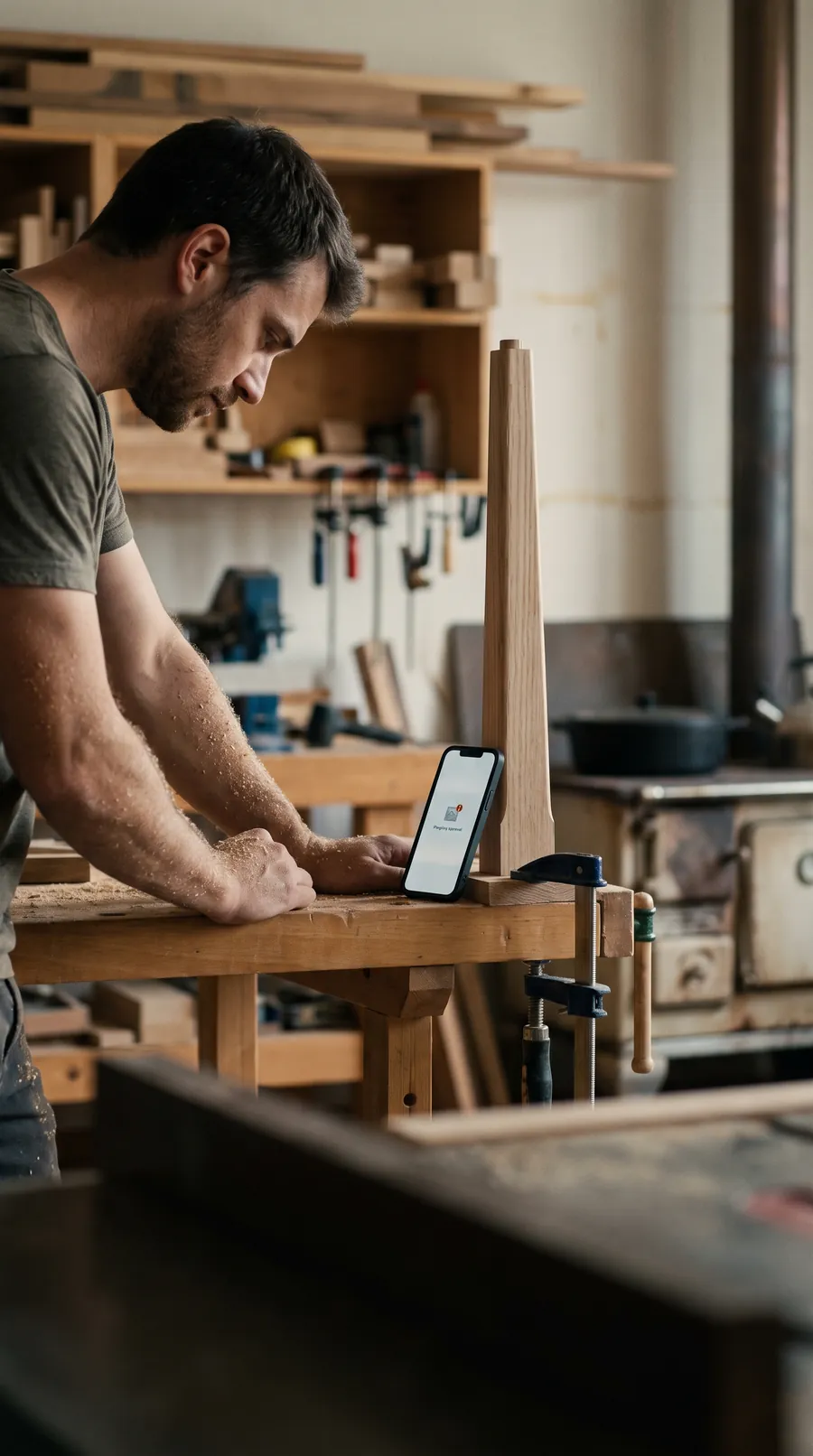 A woodworker in a sunlit workshop, sawdust on his forearms, glances at a phone propped on the bench showing one message waiting for his approval, a clamped table leg beside it and afternoon light slanting through the open bay door.
