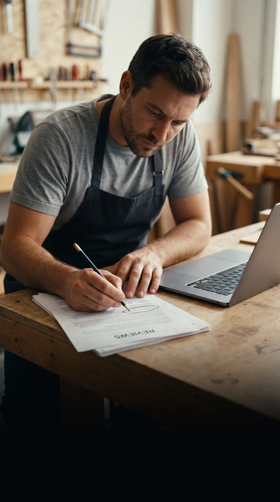 A craftsman sits at a worn workbench in late-afternoon light with a laptop and a short stack of printed customer reviews, circling one line in pencil.