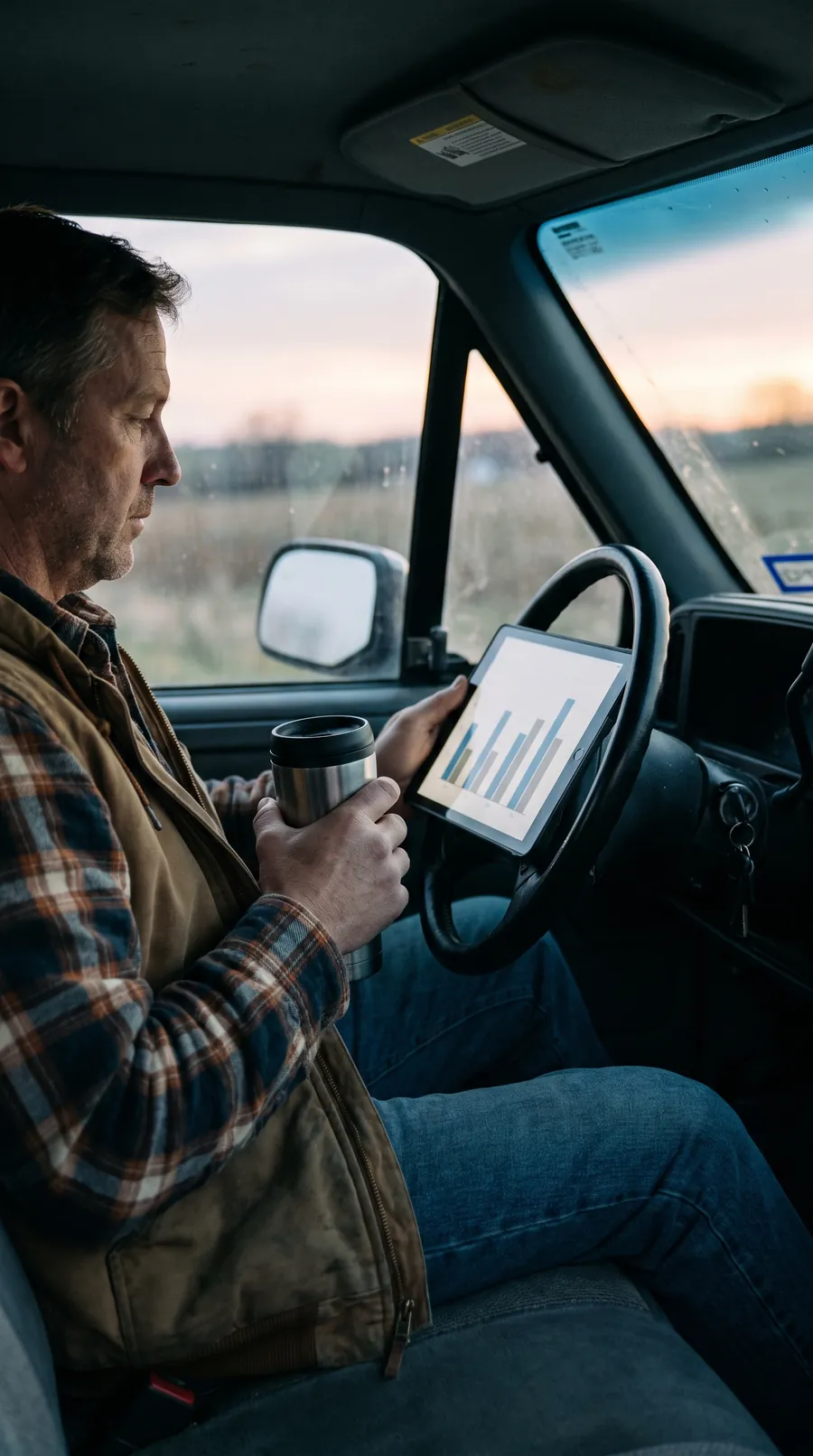 Dawn in a pickup cab: a roofing contractor with a coffee in one hand reads a one-page scorecard on a tablet propped against the steering wheel, ladders and a half-shingled roof soft through the windshield in low golden light.