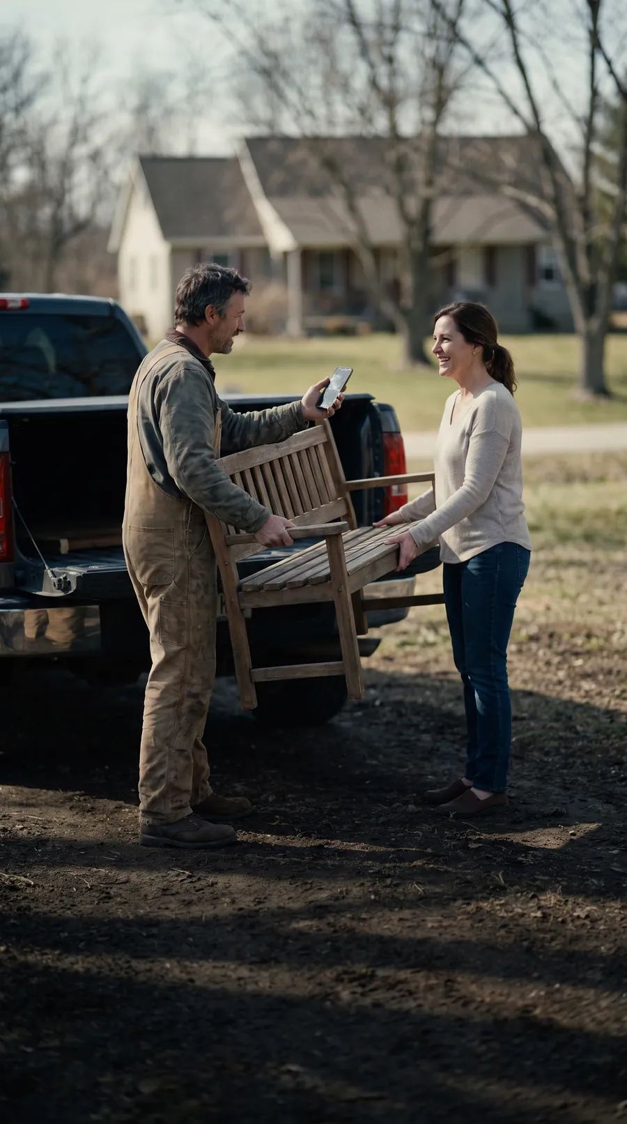 Golden-hour light on a driveway: an owner in work clothes hands a delivered outdoor bench over to a smiling homeowner, then holds up a phone showing a short, friendly text asking for a review, a pickup truck with its tailgate down behind them.
