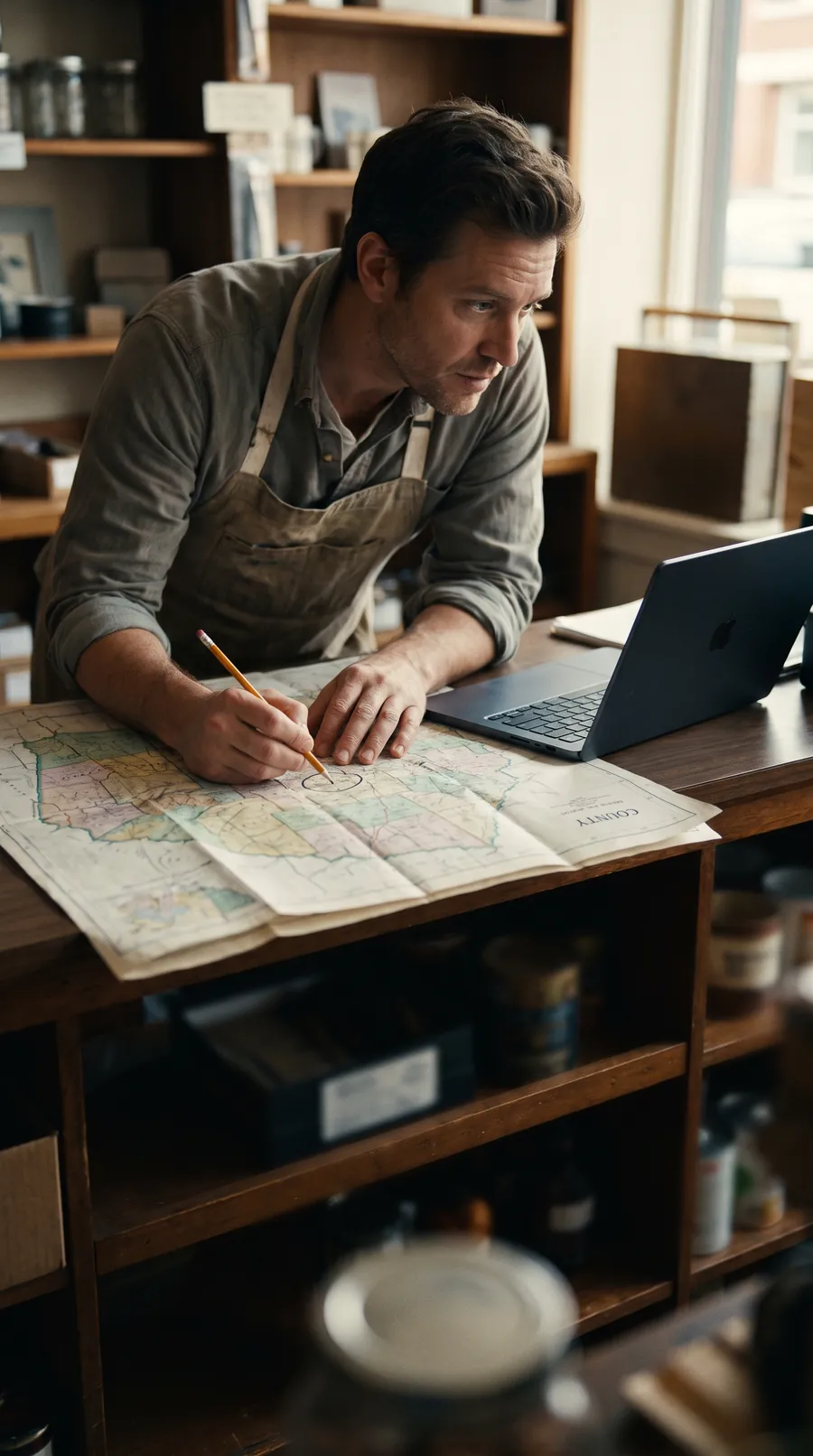 A business owner stands at a shop counter in soft morning light with a paper county map spread out, marking areas with a pencil while a laptop sits open beside it.