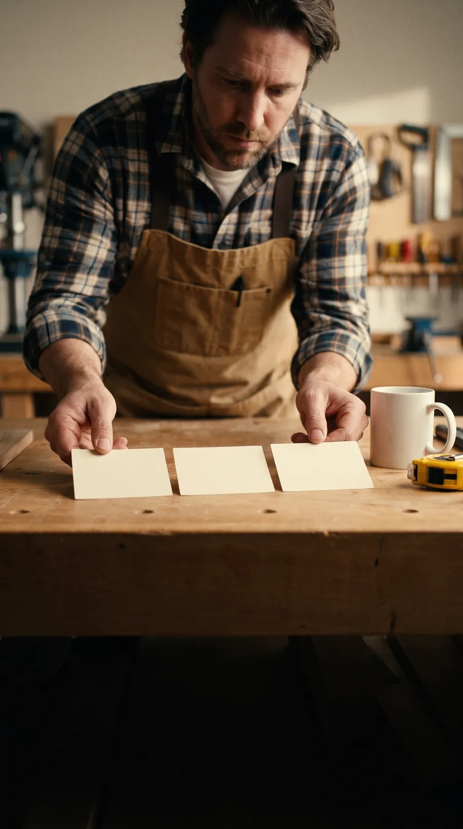 Late afternoon light through a workshop window: an owner in a canvas apron leans over a workbench, sliding three index cards into a row, each with a package name and a price in pencil, a coffee mug and a tape measure beside them.