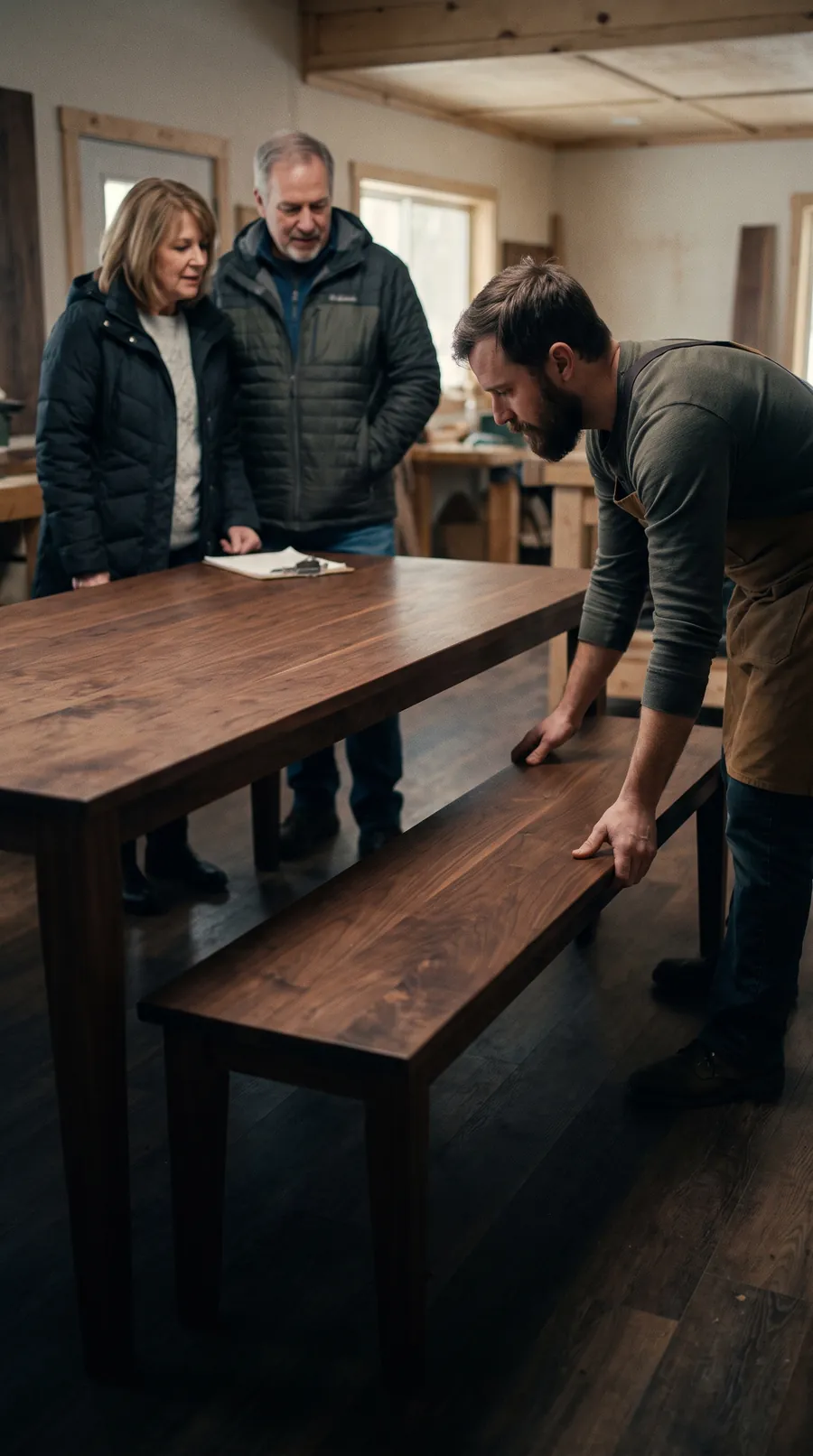 Morning light in a small workshop showroom: an owner and a couple in their fifties stand beside a finished walnut dining table as the owner sets a matching bench at its end, a hand-drawn quote on a clipboard resting on the tabletop.
