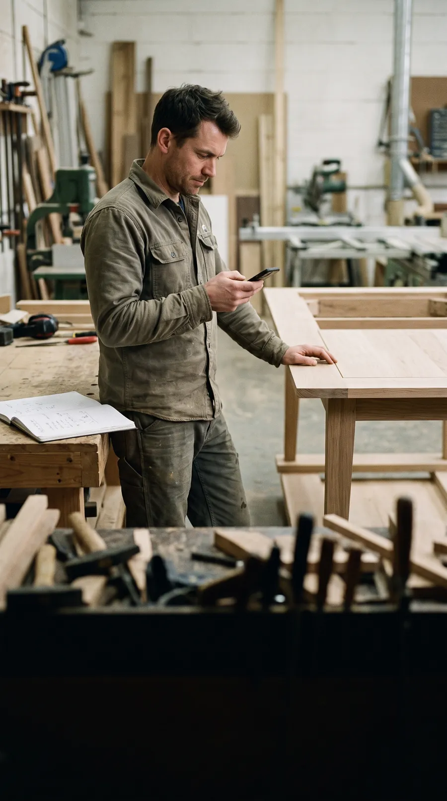 A furniture maker stands in a warm, dusty workshop beside a half-finished dining table, holding a phone that shows a competitor’s website while a notepad on the bench lists three names.