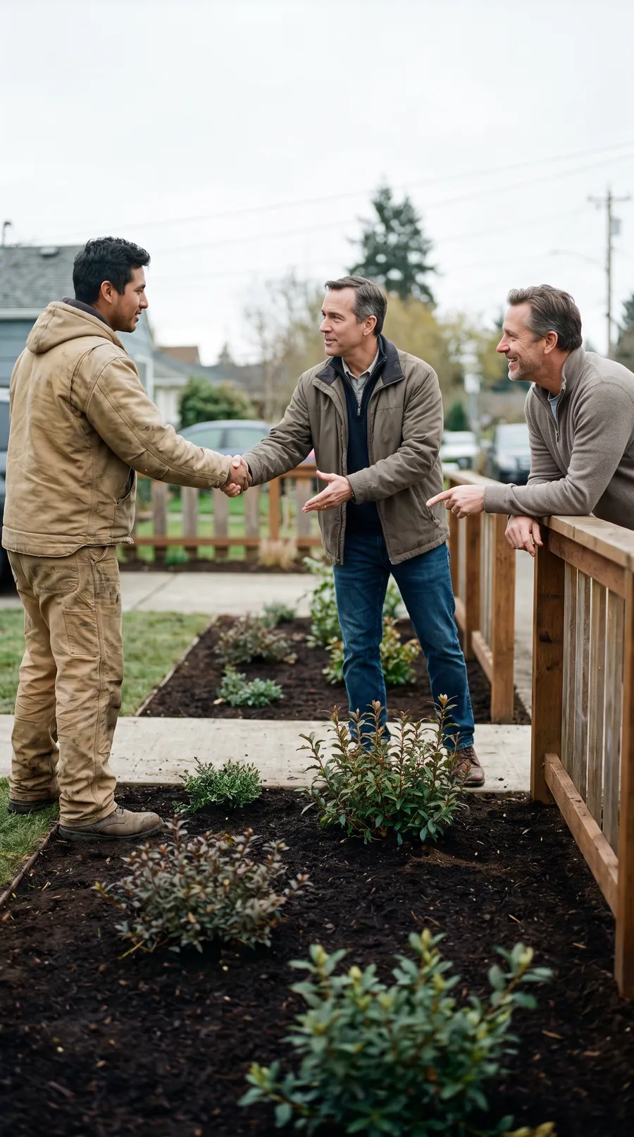 Late-afternoon sun over a freshly planted front garden: a landscaper in a faded work shirt shakes hands with the homeowner while the neighbor leans on the low fence between their yards, listening and pointing at the new beds.