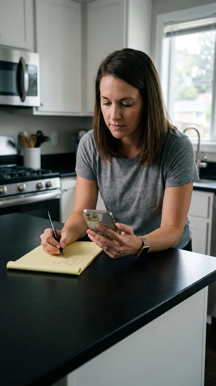 An owner at a kitchen counter checks her website on a phone and marks a short list on a notepad.