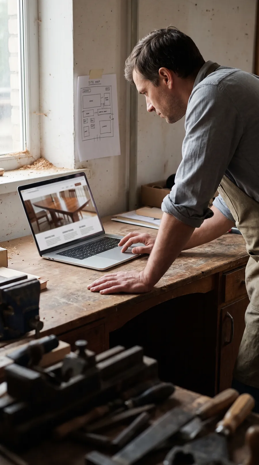 In a workshop office with sawdust on the windowsill, an owner leans toward a laptop showing a new homepage with a photo of a finished dining table, a hand-drawn sitemap on paper taped to the wall beside it.
