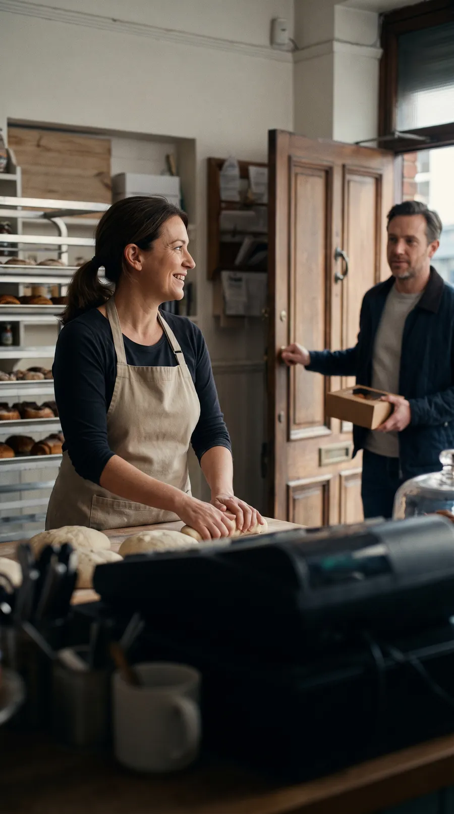 Early morning in a small bakery, window light across a flour-dusted counter: the owner in an apron looks up and smiles as a former regular steps back through the door, phone in hand, pastry trays soft in the background.
