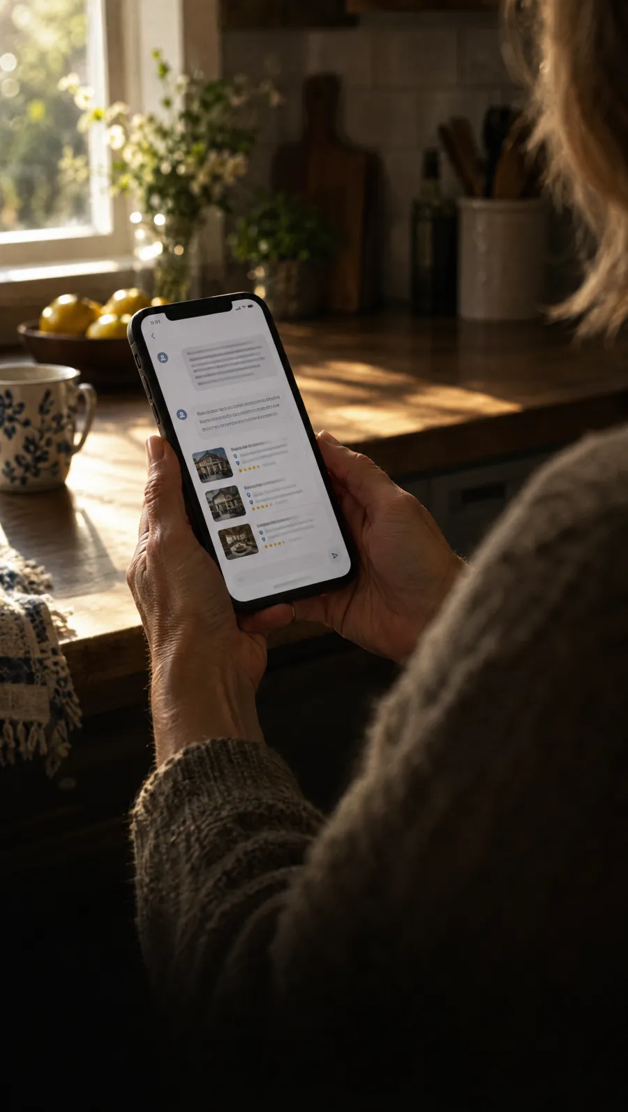Hands hold a phone in a sunlit kitchen, showing an AI chat answer that recommends businesses.