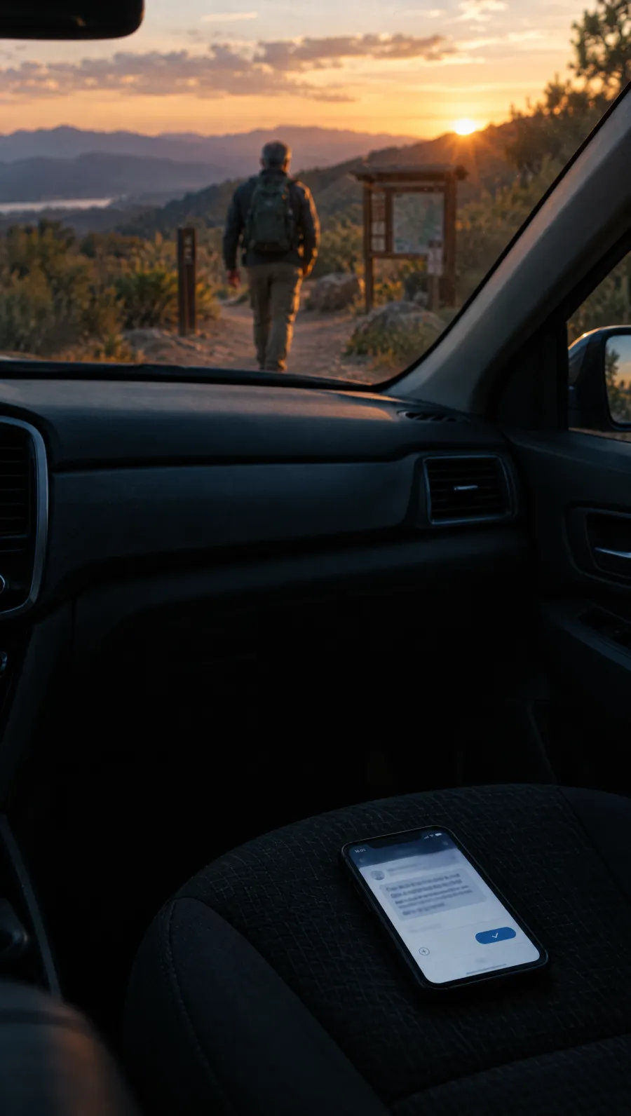A phone on a car seat shows a drafted follow-up waiting for approval while someone walks toward a trailhead at sunset.