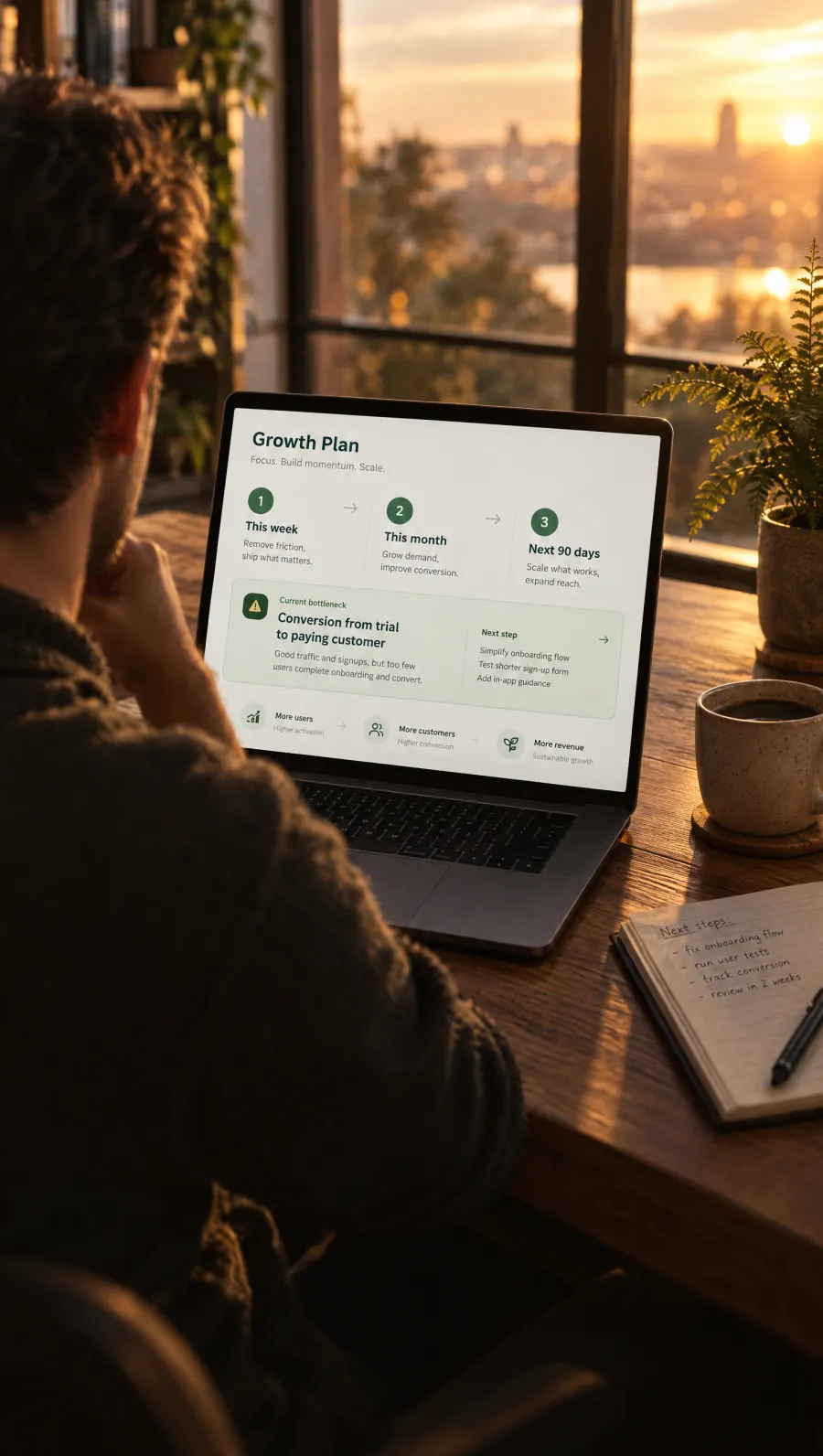 Over a founder’s shoulder at golden hour, a laptop shows a growth plan with three steps in order and one bottleneck highlighted.