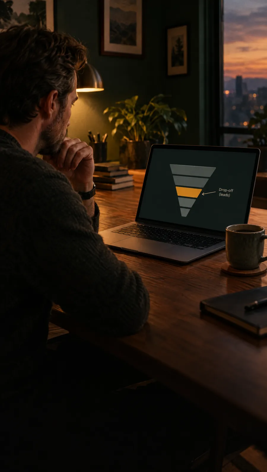 A founder at a desk at dusk studies a funnel chart with one stage highlighted where leads drop off.