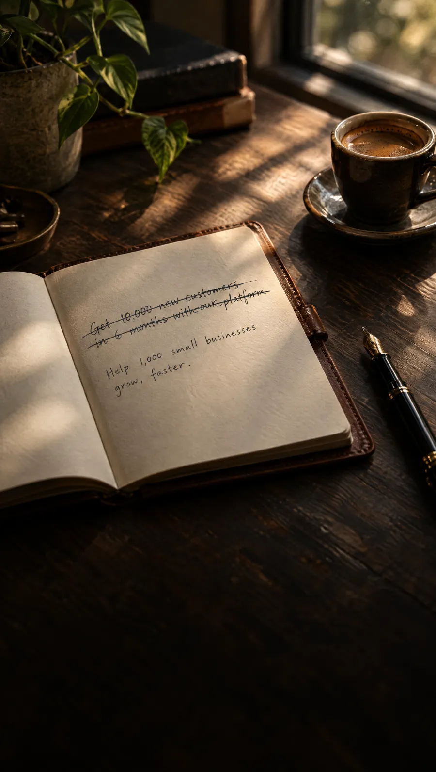 An open leather notebook: a long offer line crossed out and a simpler one written below, beside an espresso and a fountain pen.
