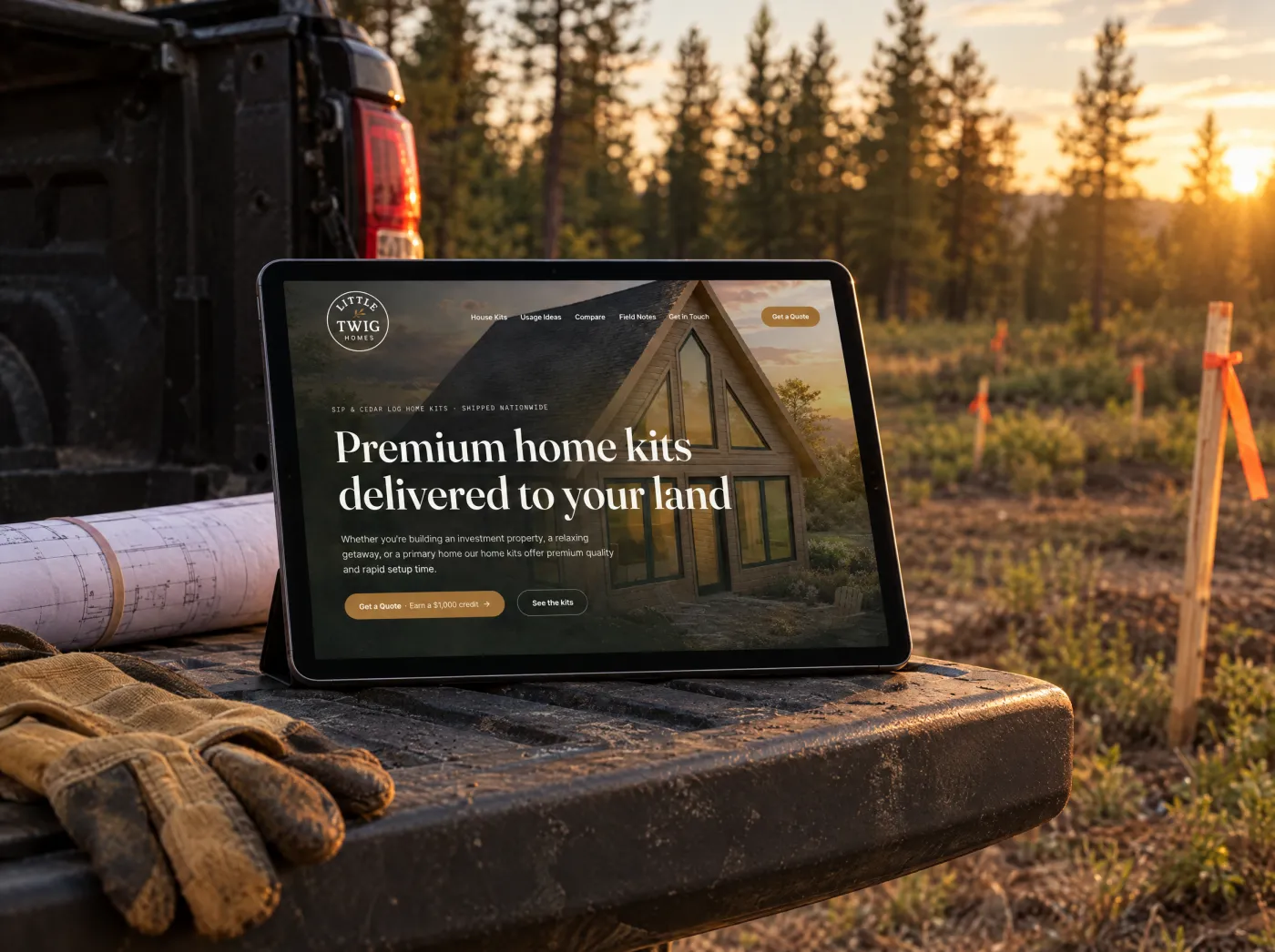 The Little Twig Homes website on a tablet on a truck tailgate at a wooded building lot with survey stakes.