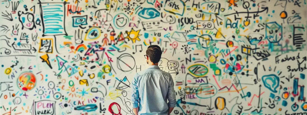 a focused individual carefully mapping out a detailed content marketing strategy on a vibrant, organized whiteboard.