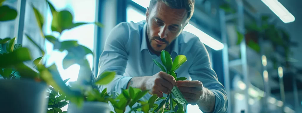 a businessman carefully measuring the growth of a money tree in a bright, modern office setting.