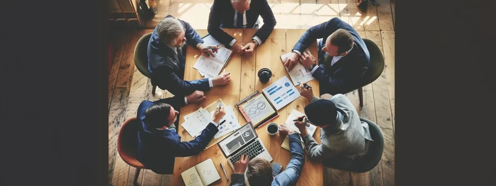 a focused business team sitting around a table, brainstorming and strategizing social media goals and kpis for an upcoming campaign.