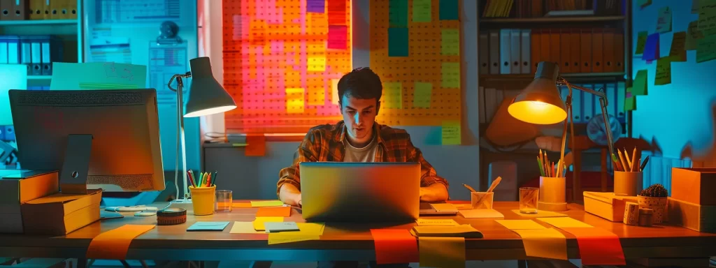 a focused individual meticulously organizing spreadsheets on a laptop surrounded by sticky notes and colorful charts, highlighting the importance of accurately tracking social media expenses.