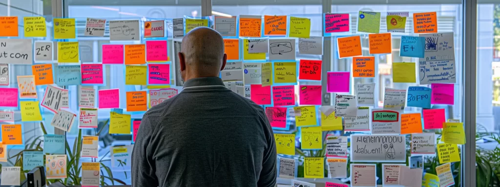 a focused marketer analyzing detailed buyer personas on a whiteboard covered in colorful sticky notes.