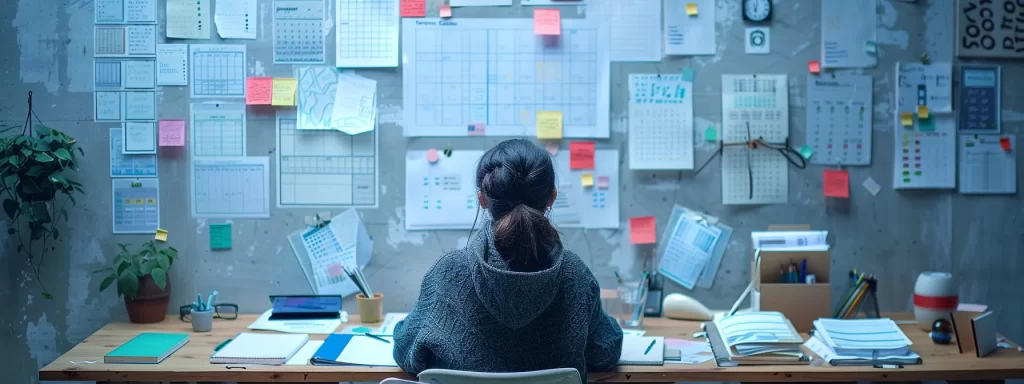 a focused person surrounded by color-coded calendars, notebooks, and digital devices, mapping out a detailed content strategy plan.