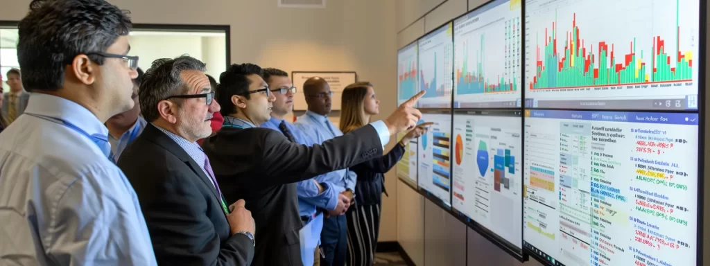 a group of business professionals gathered around a large monitor displaying colorful graphs and charts, engaging in a strategic discussion while pointing at the screen with focused expressions.