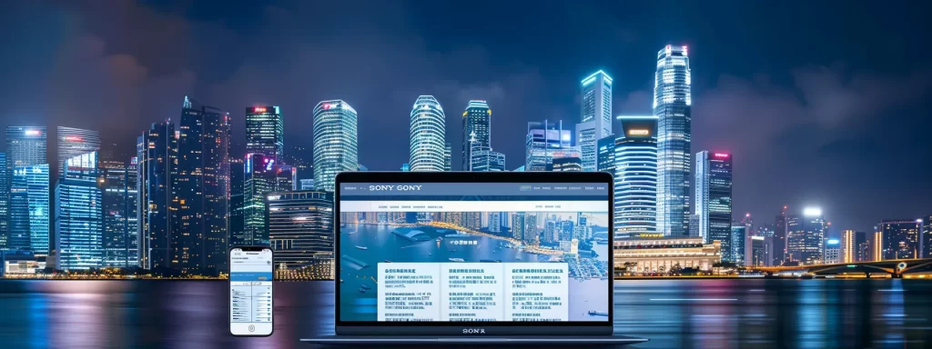 a laptop displaying a website homepage with local search keywords prominently featured in the content, alongside a mobile phone showing the fast-loading page, set against a vibrant cityscape background.