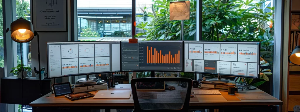 a modern office desk with multiple computer screens displaying analytics data, graphs, and social media metrics, showcasing the methods for calculating social media roi.