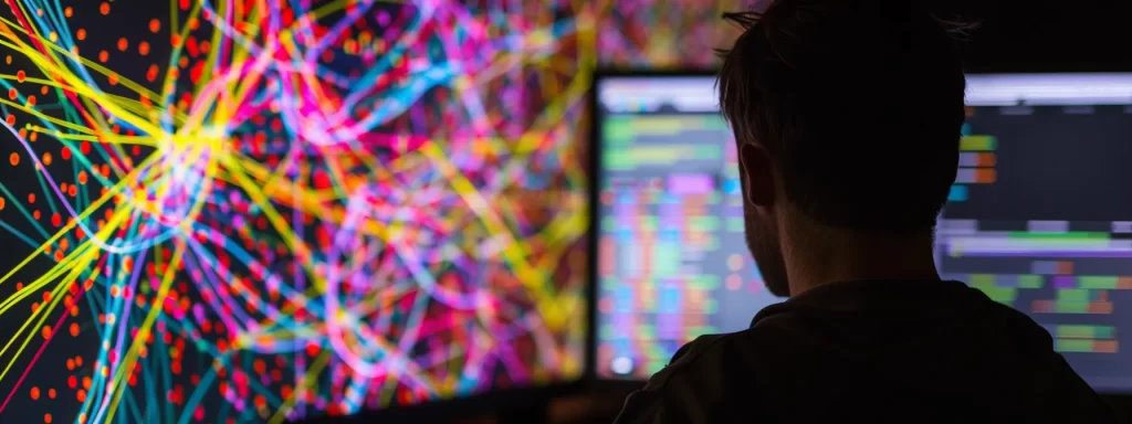 a person analyzing a complex network of colorful, interconnected lines and nodes on a computer screen, with graphs and charts displaying backlink growth and quality data.