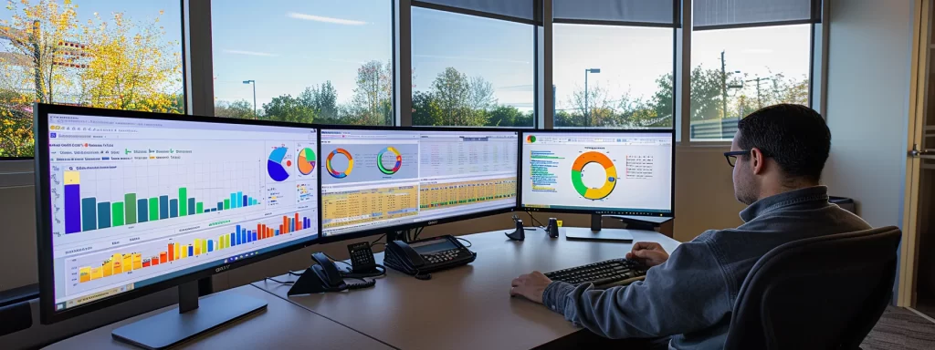 a person analyzing a computer screen displaying various seo metrics, surrounded by charts and graphs, in a modern office setting.