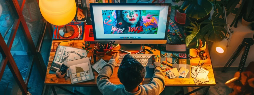 a person crafting a captivating headline on a vibrant computer screen surrounded by storytelling props and colorful visuals.