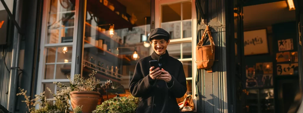 a small business owner standing in front of their shop, holding a smartphone and smiling as they interact with customers on social media to boost local engagement and seo.