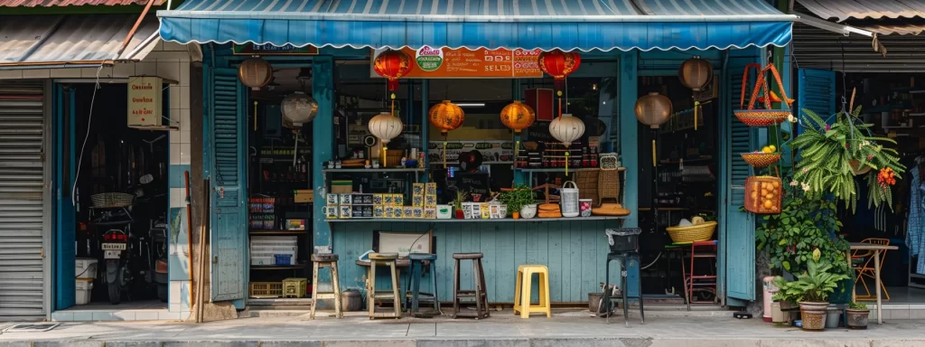 a small business storefront with a vibrant, eye-catching sign and a welcoming atmosphere, surrounded by bustling local activity.