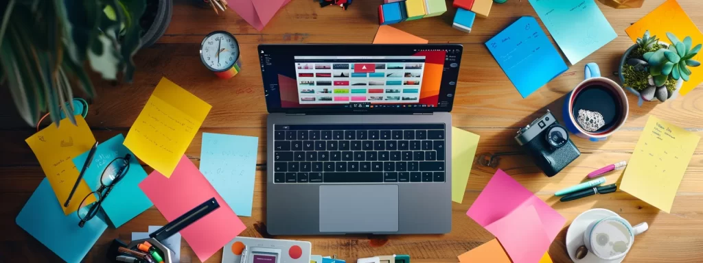 vibrant social media content schedule displayed on a laptop screen, surrounded by colorful post-it notes and a cup of coffee.